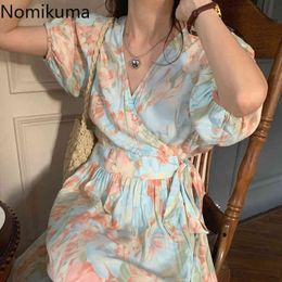 Nomikuma French Style Vintage Dress Women Slim Waist Lace Up V Neck Short Sleeve A Line Dresses Female Summer Robe Femme 210514