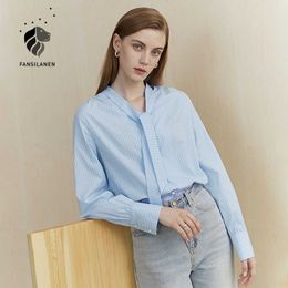 FANSILANEN Elegant bandage striped blouse shirt Women long sleeve office casaul blue top Female v neck sexy autumn 210607