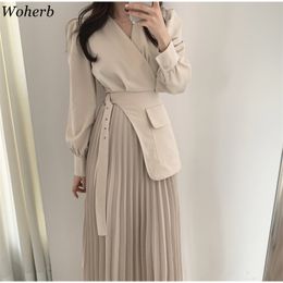 Office Ladies V-neck Patchwork Pleated Dress Spring Summer Solid Vestidos Full Sleeve Belted Korean Female Dresses 210519