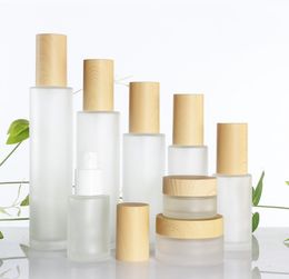 30ml/40ml/60ml/80ml/100ml Frosted Glass Cosmetic Cream Jar Bottle Face Pot Lotion Pump with Plastic Imitation Bamboo Lids LFA