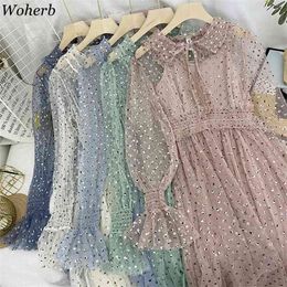 Women Sweet Bling Sequined Patch Lace Mesh Dress Solid Color Ruffle Robe Cute Long Dresses Summer Vestidos 210519