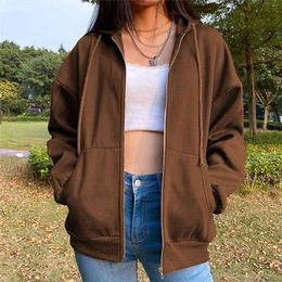 Brown Zip Up Sweatshirt Winter Jacket Clothes oversize Hoodies Women plus size Vintage Pockets Long Sleeve Pullovers 210909
