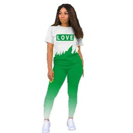 Summer Women Tracksuit Gradient Love Print Plus Size Two Piece Set Top and Biker Pants Lounge Wear Outfits Matching Sets 210525