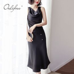 Summer Women Satin Party Sleeveless Belted Black Silk Shiny Dress 210415