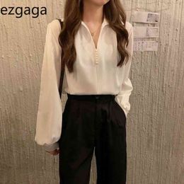 Ezgaga Elegant Shirts Women Korean Fashion Chic Loose All-Match Long Sleeve Solid Turn-Down Collar Office Lady Blouse Blusas 210430