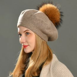 Winter Female Beret Women Hat 15CM Real Raccoon Fur Pompom Beret Wool Cashmere Natural Fur Ball Women Beret Cap for Women 220312