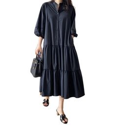 Elegant dress women's mid-sleeve loose shirt mid-length skirt summer Korean fashion clothing 210520