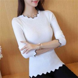 Spring and autumn black white inner knit long-sleeved sweater bottoming sweater slim tight lace collar 210914