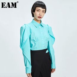 [EAM] Women Blue Pleated Casual Blouse Lapel Long Puff Sleeve Loose Fit Shirt Fashion Spring Autumn 1DD7294 21512