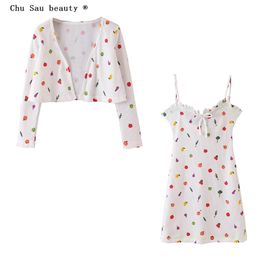 new two pieces suit woman white V-neck long-sleeved sweet slim holiday fruit print knitted cardigan tops + mini strap dress 210330