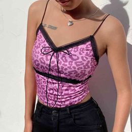 Sexy Leopard Print Y2k Aesthetic Patched Lace Crop Top Women Spaghetti Strap Harajuku E Girl V Neck Tank Top Shirt Female 210415