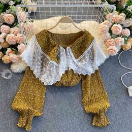 Lady Fashion Lace Ruffle Lapel Long Sleeve Pleated Floral Print Chiffon Shirt Women Elegant Korean Blouse Camisas Mujer Q962 210527