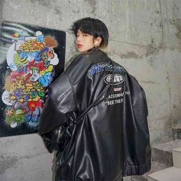 Motorcycle leather men's flight suit jacket spring autumn Korean style trendy handsome loose soft winter women's 210811