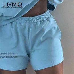 [LIVIVIO] Soild Cotton Shorts Women Plus Size Letter Printed Sweatpants Pockets Short Pants Summer Streetwear Joggers Shorts 210625