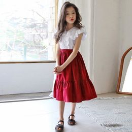 2021 Mid Long Red Blue Skirt For Girls Teenage Skirts Girl Kids Mother And Daughter Clothing Spring Summer Autumn School Clothes 210331