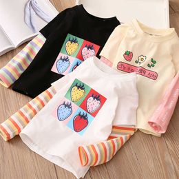 Spring Autumn Fashion 2 3 4 6-10 Years Cotton Striped Sleeve Colour Patchwork Cartoon Cute Basic T-Shirt For Kids Baby Girls 210529