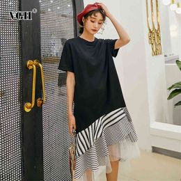 VGH Striped Mesh Dress For Women O Neck Short Sleeve Patchwork Hit Color Casual Loose Dresses Female Fashion Clothes Summer 210421