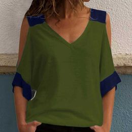T shirt Stitching Irregular Contrast Colour Off shoulder Fashion V Neck Women Summer Casual New Style Big Size Loose T shirt Y0629