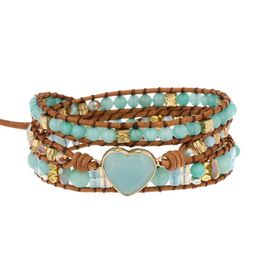 Heart Amazonite Bracelet Natural Stone Leather Wrap Bracelets Gemstones Healing Balance Meditation Spiritual Jewellery For Women Tennis