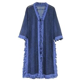 Women's Trench Coats Olyester Long Coat Women Vintage Chiffon Half V-Neck Wide-waisted Solid Blue MX280