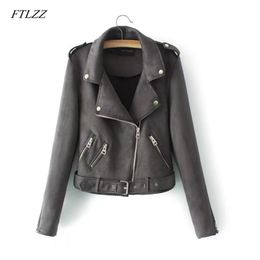 Autumn Women Faux Suede Jacket Coat Slim With Belt Zipper Female Short Punk Soft Leather Outwear 210430