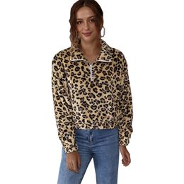 Leopard Print Women Crop Top Hoodies Solid Zipper Long Sleeve Plush Sweatershirt Lapel Fleece Warm Hoodie Short Tops Fall Winter 210412