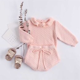 Autumn Pink Knitted Suits Baby Kids Clothes Sets Sweater Girls Ruffles Long Sleeve Sweater+PP Short 2Pcs 210429