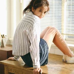Cotton Vintage stripe Shirt female Oversize Tops Women Long sleeve Girls Blouse Summer Plus Size Blouses femme Blusas 210423