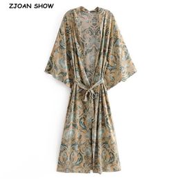 Bohemia Phoenix tail Flower Print Long Kimono Shirt BOHO Ethnic Women Lacing up Bow Sashes Cardigan Loose Blouse Tops 210429