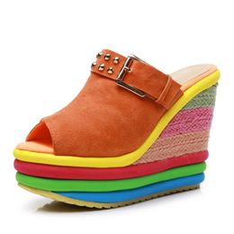 Slippers 2021 Wedges Heel Sandals Women Fashion Open Toe Mix Colour Super High Heels Platform Outdoor Ladies Slides Shoes