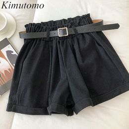 Kimutomo Women Elastic High Waist Shorts Spring Korea Chic Ladies Solid Pockets All-matching with Sashes Wide Leg Shorts 210521