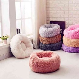 Round Pet Bed House Dog & Cat Long Plush Calming Dounts Beds Soothing Pet Kennel Ultra-Soft Pets Basket Kennel Puppy Sofa 210722