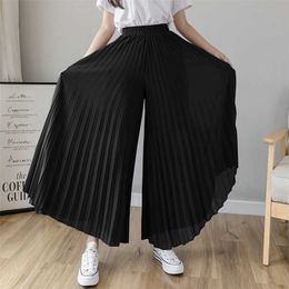 Women Summer Autumn Pleated Loose Pants Fashion Female Chiffon Elastic Waist Skirt Black Blue Wide Leg Femme 211115
