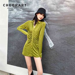 Green V Neck Ruched Shirt Dress Women Long Sleeve Button Up Collar Bodycon Ladies Mini Spring Fashion 210427