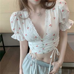 WOMENGAGA Cherry Shirt Women's Summer Tops French Puff Sleeve Lace V Neck Short Navel Pure Top Blouse S8LQ 210603