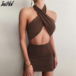 Women Sexy Hollow Bandage Cross Halter Dress Fashion Slim Sleeveless Clothing Street Lady Trend Mini Dresses 210514