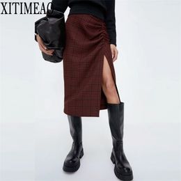 ZA New Autumn Winter Vintage Plaid Skirt Women High Waist Package Hip Pencilskirt Fold Effect Front Split Skirts 210408