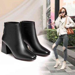 Solid Black Leather Boots Zipper Ankle Boots for Women Shoes Woman Square High Heels Round Toe Sewing Sexy Ladies Boots Y1105