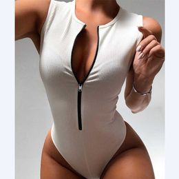 Zipper Bodysuit Sexy Bodysuit Damenmode Bodycon Body Basic Top Ärmelloses Sommer Bodysuit Overall One Piece Dropshipping Y0927