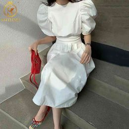 Korea Style Summer Dress Women Casual High Waist Big Swing Puff Sleeve es Eleagnt Slim Fashion Long 210520
