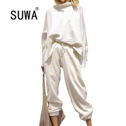 Tracksuit Two Piece Set Loungewear Women Tops and Pants Outfits Autumn Solid Sweatpants Oversized Pullover 210525