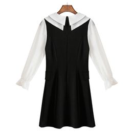 Black White Patchwork Peter Pan Collar Long Sleeve A Line Dress Elegant Mini Female D2611 210514