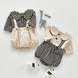 Baby Boys Clothes Set 2pcs Baby Doll Collar Long Sleeve Plaid Shirts + Solid Colour Strap Shorts Suit Baby Girls Outfits 210413