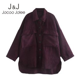 Jocoo Jolee Spring Long Sleeve Slim Long Shirt Vintage Corduroy Blouse Women Elegant Offce Lady Turn-down Collar Tops Jacket 210518