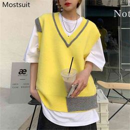 Color-blocked V-neck Knitted Sweater Vest Women Sleeveless Streetwear Loose Fashion Pullover Jumpers Tops Femme Spring 210513