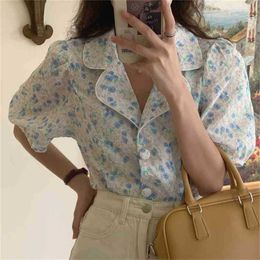 Sweet Retro Slim Printing Casual Florals Summer Streetwear Chic Blouses Femme Office Lady Prom Tops Shirts 210525