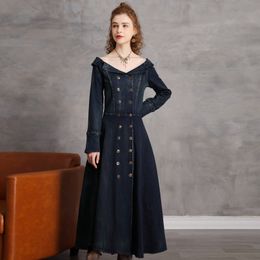 Johnature Women Denim Cotton Vintage Dresses Slash Neck Button Spring Solid Colour Women Long Sleeve A-Line Dresses 210521