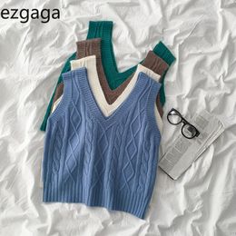 Ezgaga Sweater Vest Women Fashion Twist V-Neck Long Sleeve Sleeveless Tops Solid Loose Waistcoat Korea Style All-Match Casual 210430