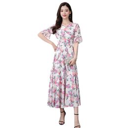 Summer Dress Women White Red Print M-3XL Plus Size Chiffon es Korean Office V Neck Elegant Slim Maxi LR223 210531