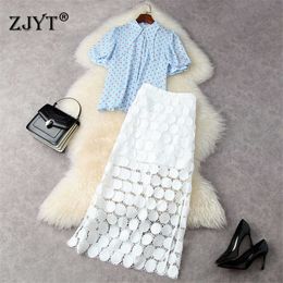 Fashion Summer Runway 2 Piece Set Women Designers Print Short Sleeve Blouse and Hollow Lace Skirt Suit Party Outfits 210601